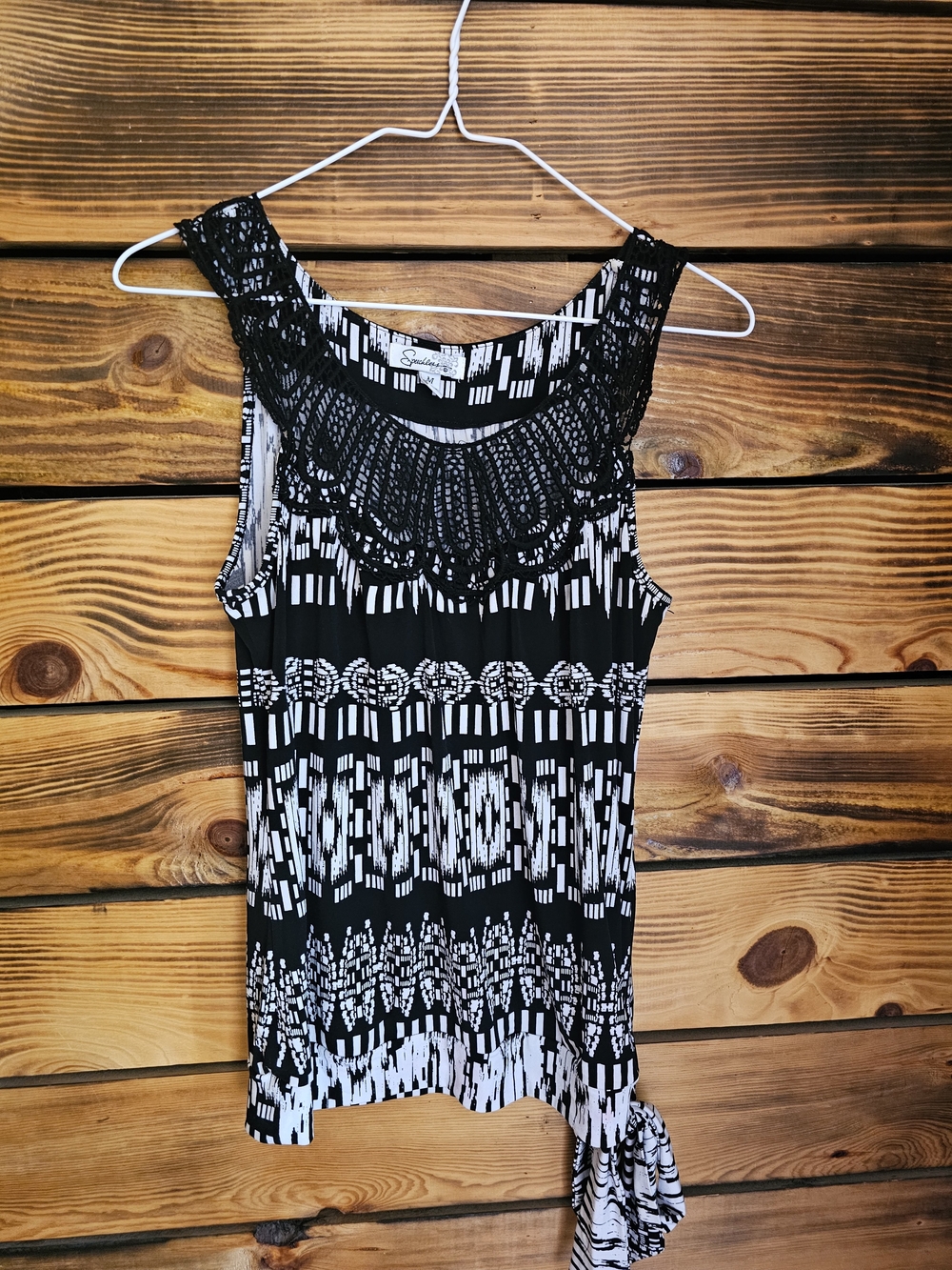 Speechless Black and White Printed Tank with Crochet Yoke